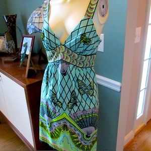 Tibi Madame Butterfly Fan Print Empire Waist A Line Sleeveless Cotton Dress